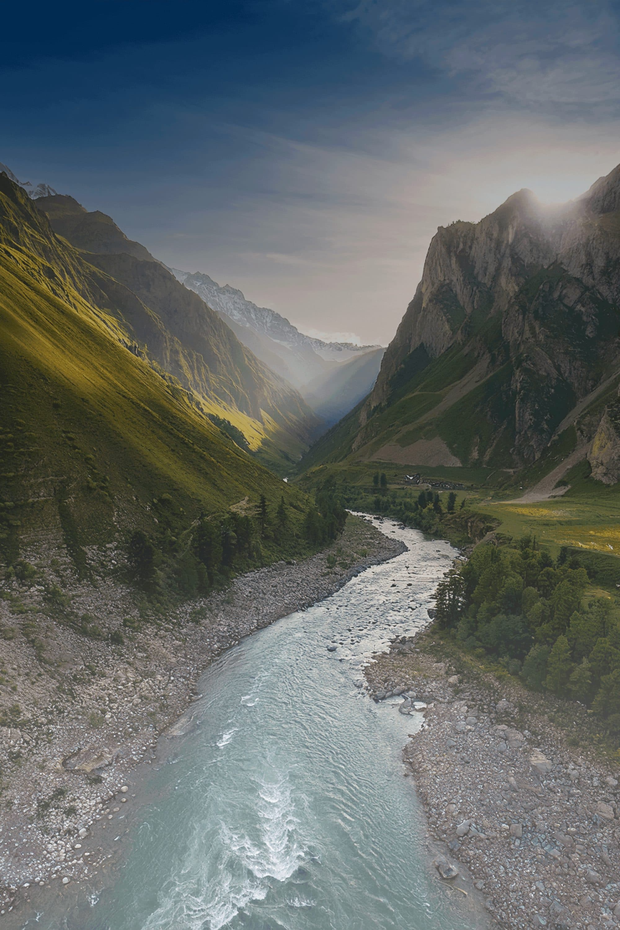 A river braiding through a mountain valley