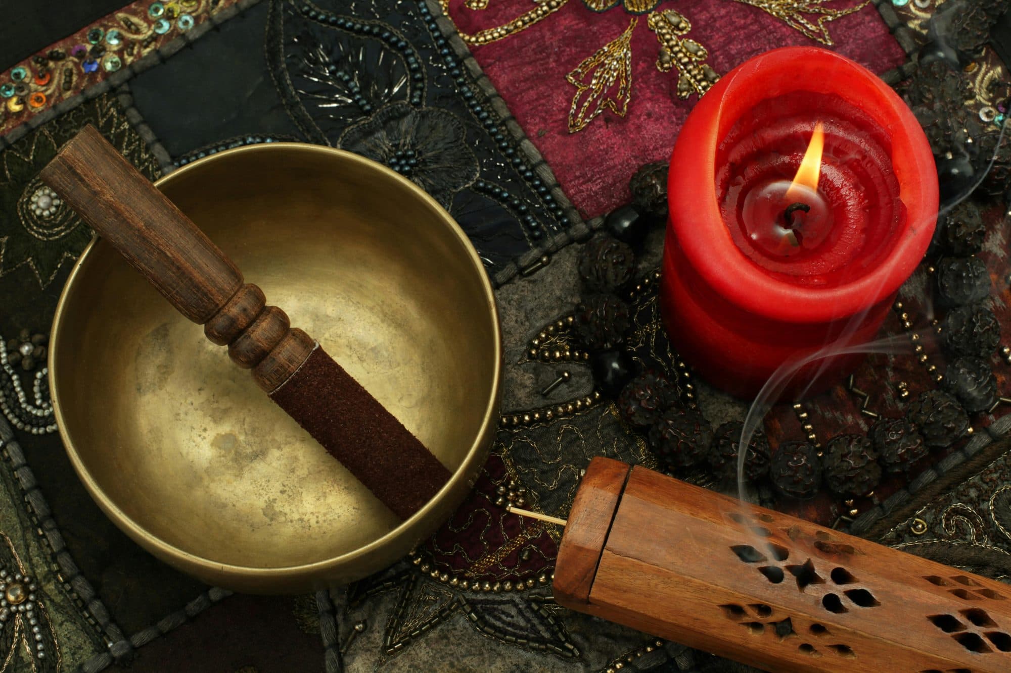 Singing bowl and candlelight at a sound ceremony in Telluride