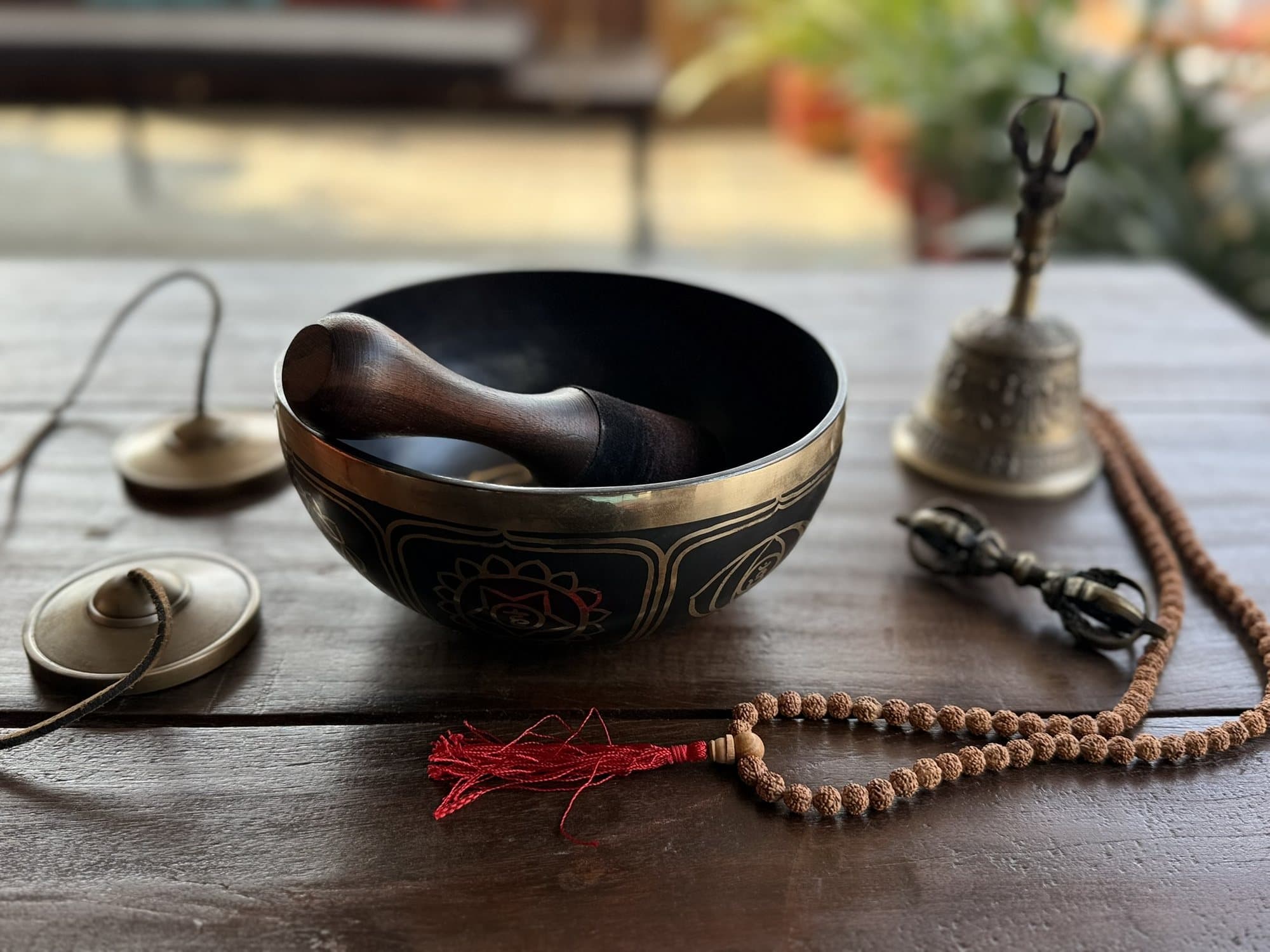 Bowl, bell & mala altar