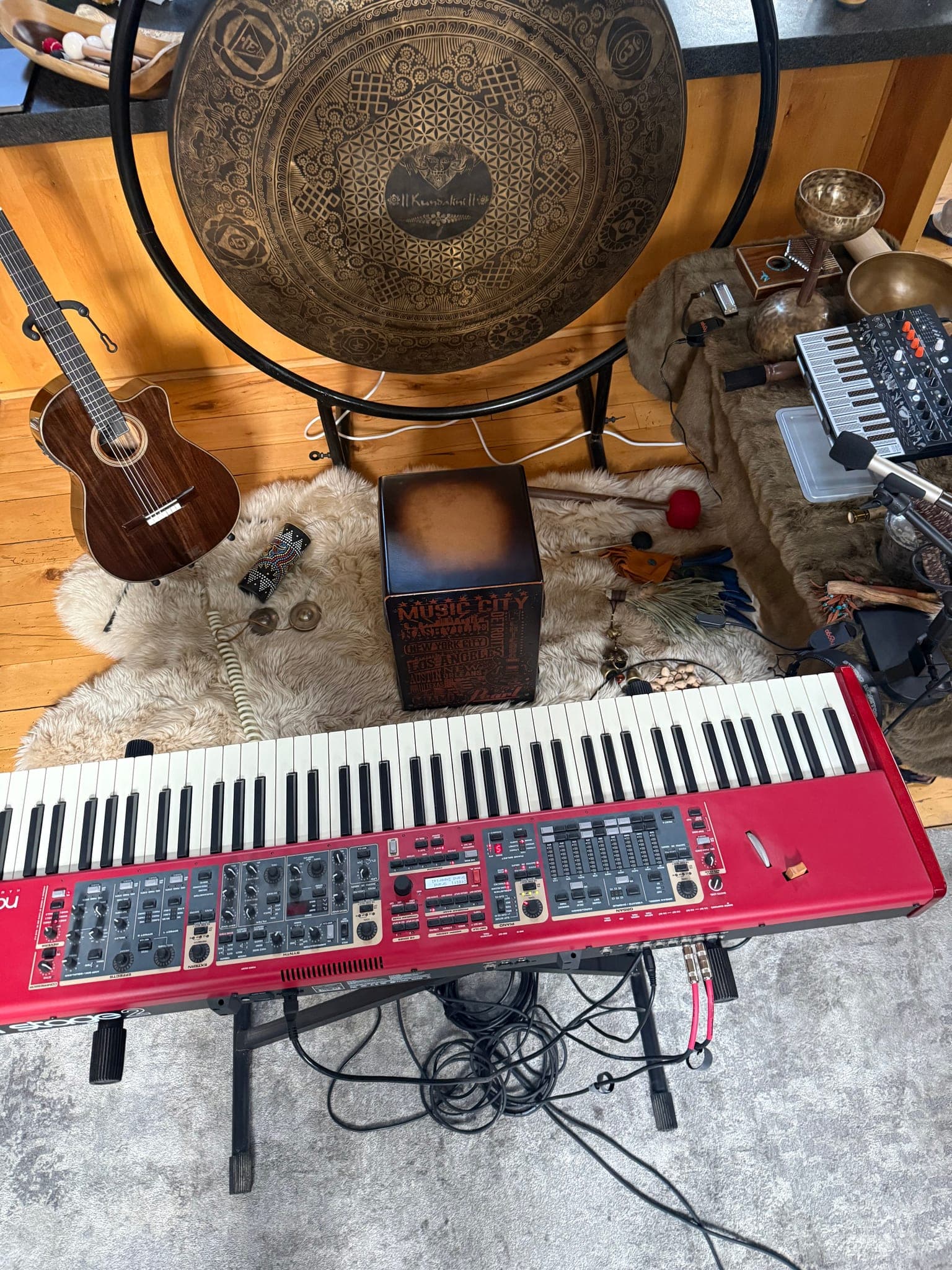 The rig — Nord, gong, guitar